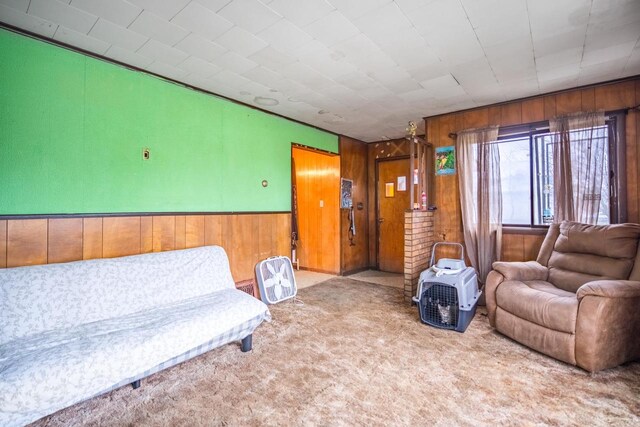 living room featuring carpet and wood walls