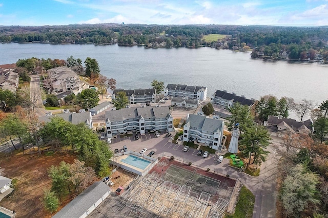 530 E Hiawatha Dr Unit 102, Wisconsin Dells, WI 53965 - aerial overview of property's location with a nearby body of water, a pool, and a heavily wooded area
