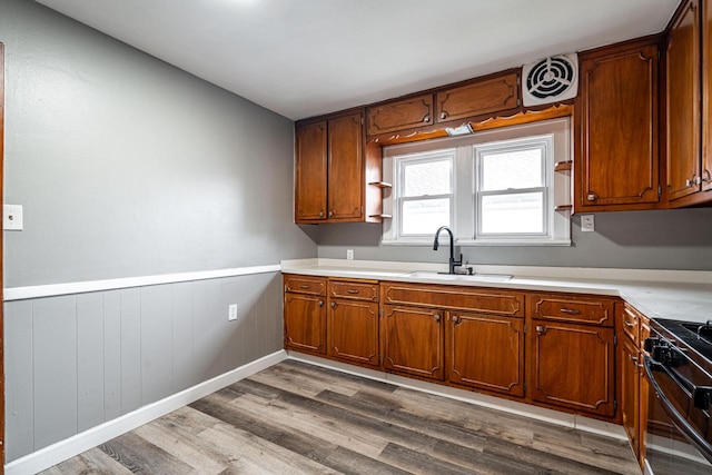 kitchen with hardwood / wood-style flooring, black / electric stove, wood walls, and sink