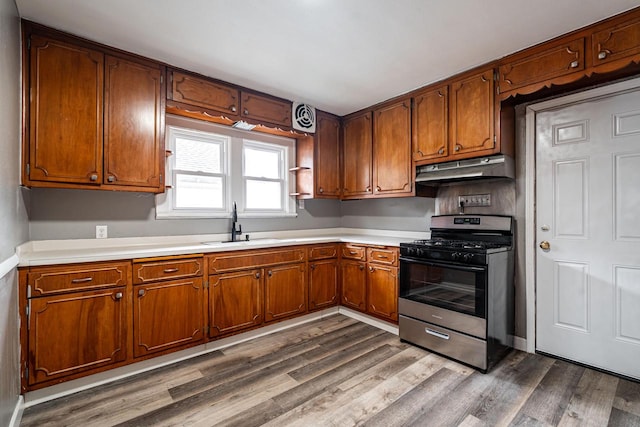 kitchen featuring gas range, hardwood / wood-style flooring, and sink