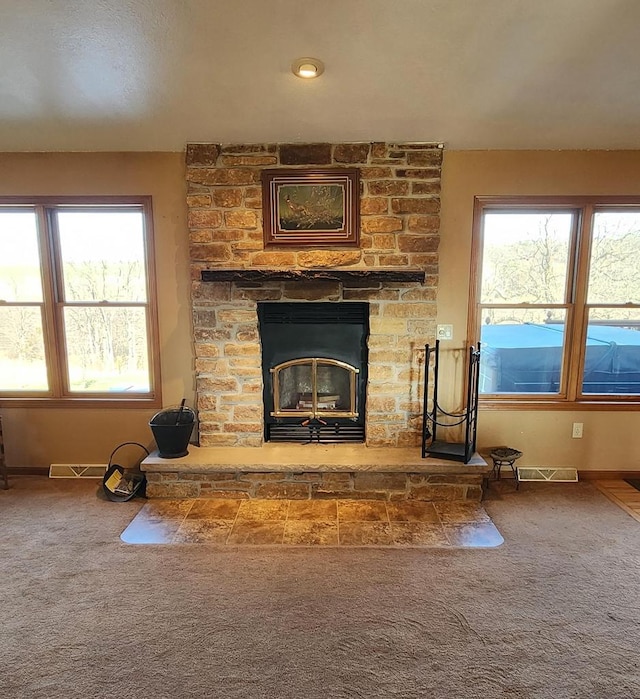 details featuring carpet flooring and a fireplace