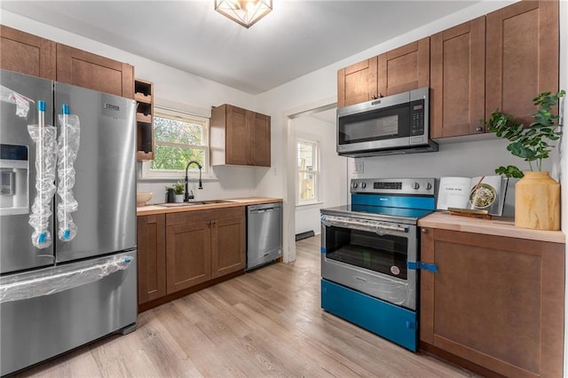 kitchen featuring sink, stainless steel appliances, and light hardwood / wood-style flooring