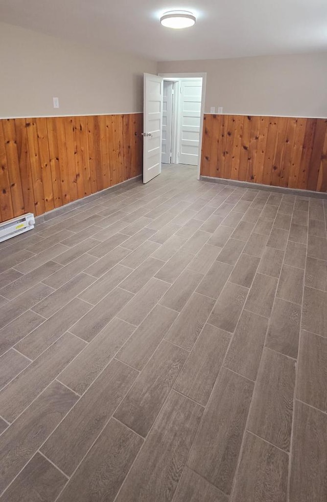 empty room featuring hardwood / wood-style floors and wooden walls