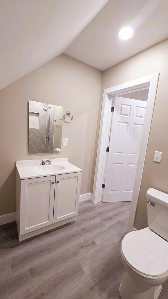 bathroom with toilet, wood-type flooring, vanity, and vaulted ceiling