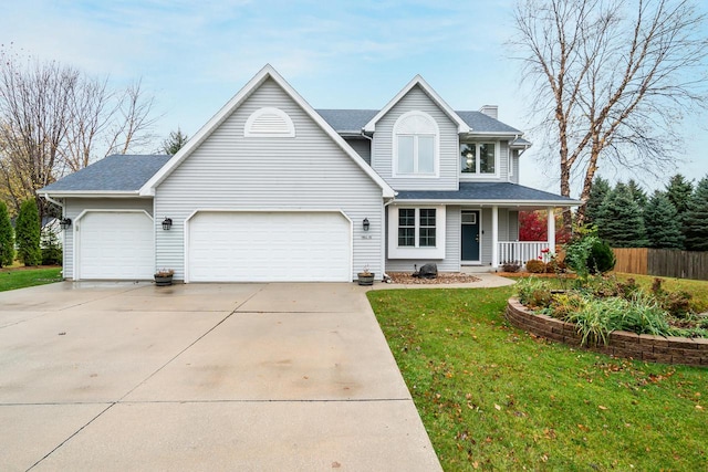 view of front of property featuring a garage, a porch, and a front lawn