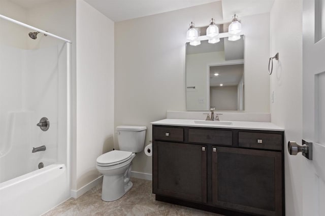 full bathroom with toilet, vanity, shower / bath combination, and tile patterned floors