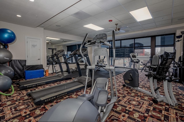 workout area featuring carpet flooring, a paneled ceiling, and ceiling fan