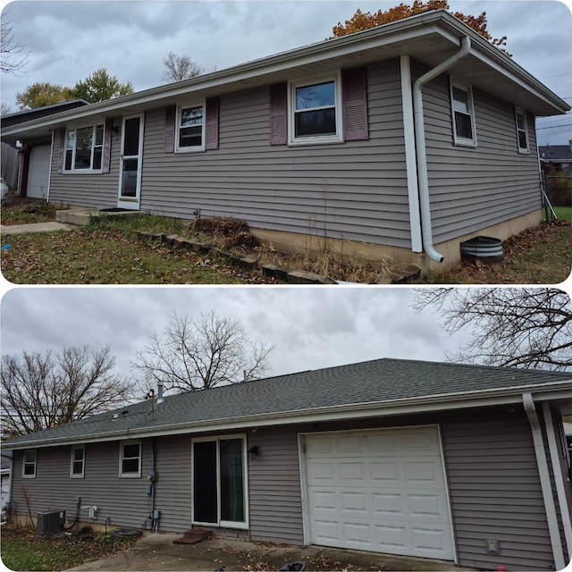 ranch-style house with central AC unit and a garage