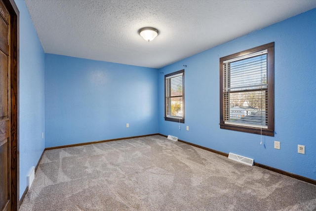 unfurnished room featuring light colored carpet and a textured ceiling