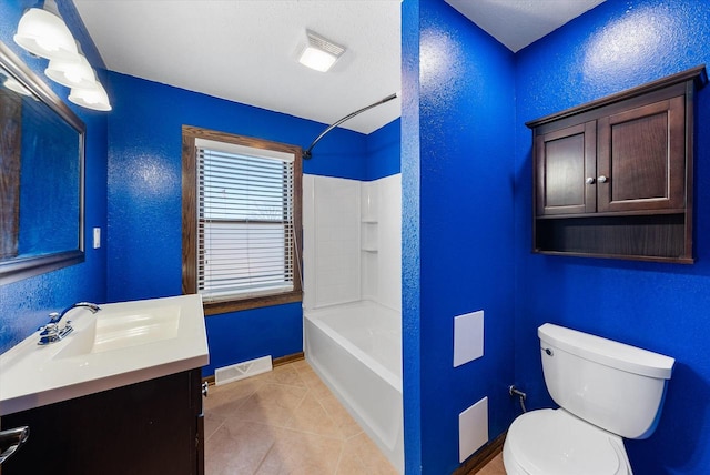 full bathroom with toilet, bathing tub / shower combination, vanity, and tile patterned flooring