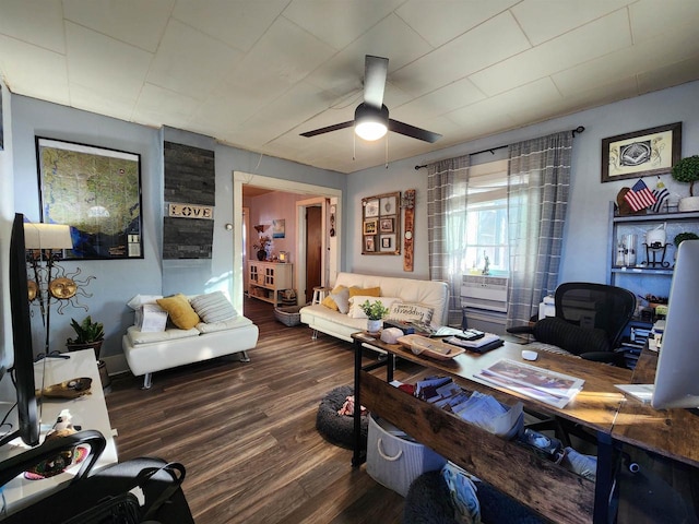 office featuring dark wood-type flooring and ceiling fan