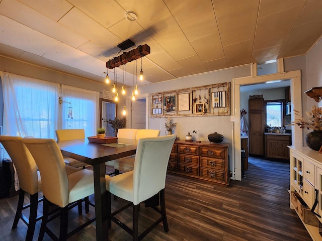 dining area featuring dark hardwood / wood-style flooring and crown molding