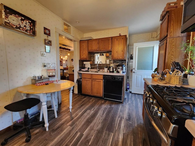 kitchen with stainless steel appliances, sink, and dark hardwood / wood-style flooring