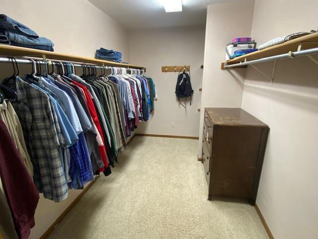 spacious closet featuring light colored carpet