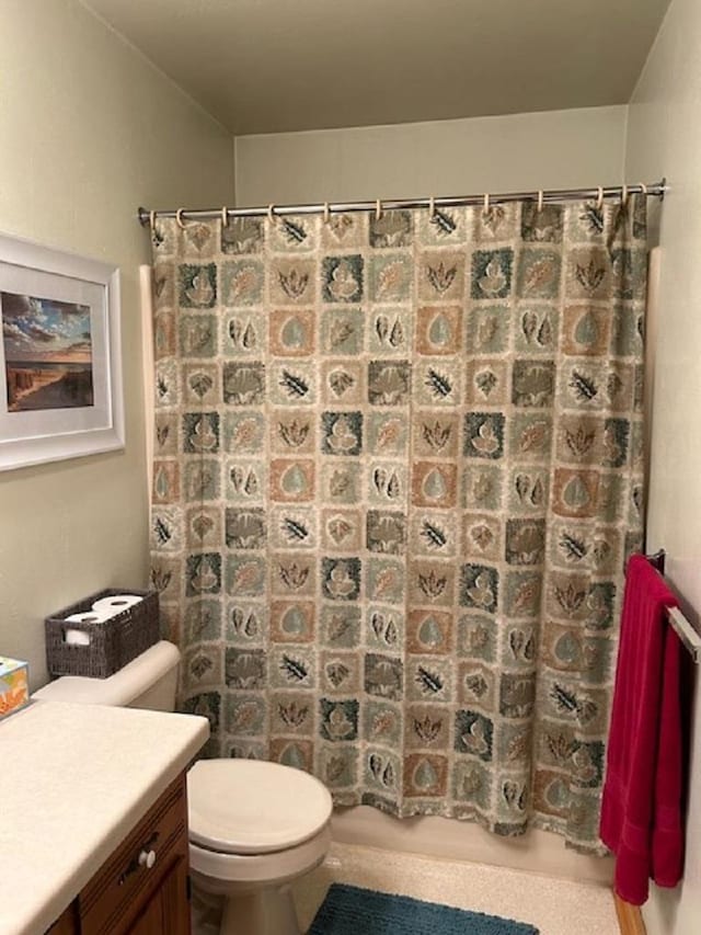 bathroom featuring vanity, toilet, and curtained shower