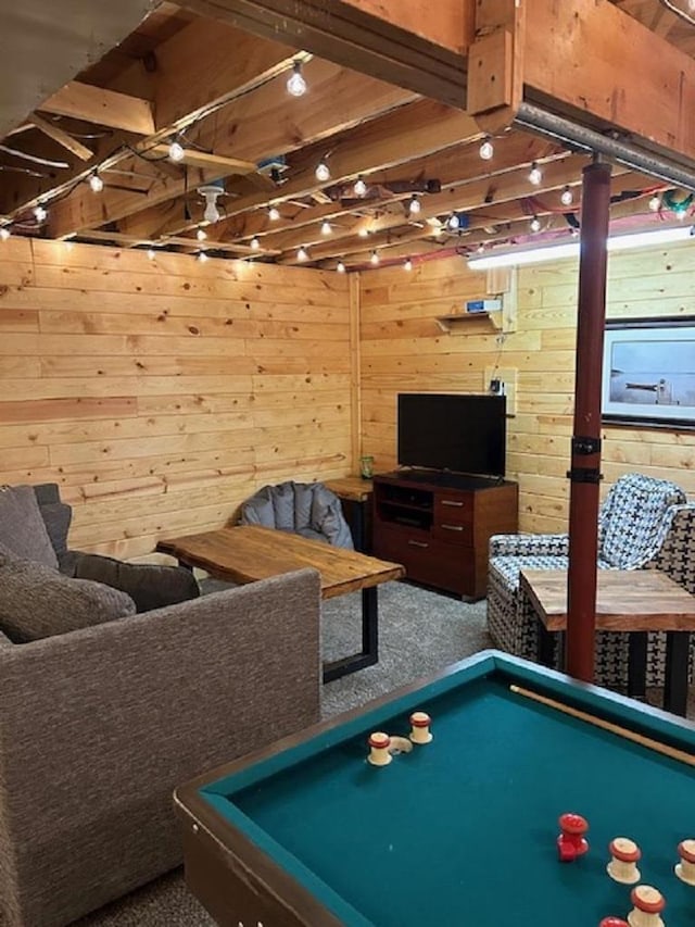 recreation room with wooden walls, beamed ceiling, carpet floors, and pool table