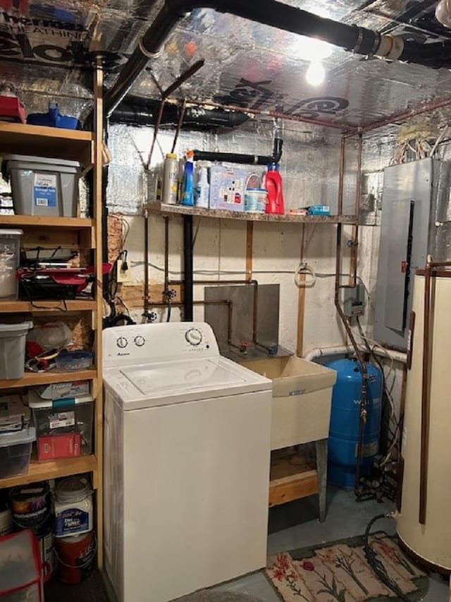 washroom with washer / dryer, sink, electric panel, and water heater