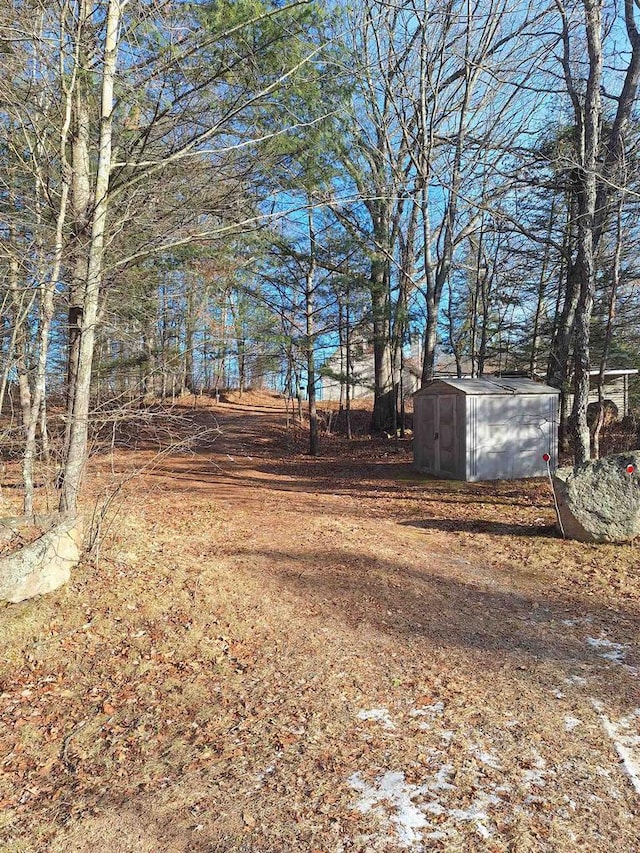 view of yard featuring a storage unit