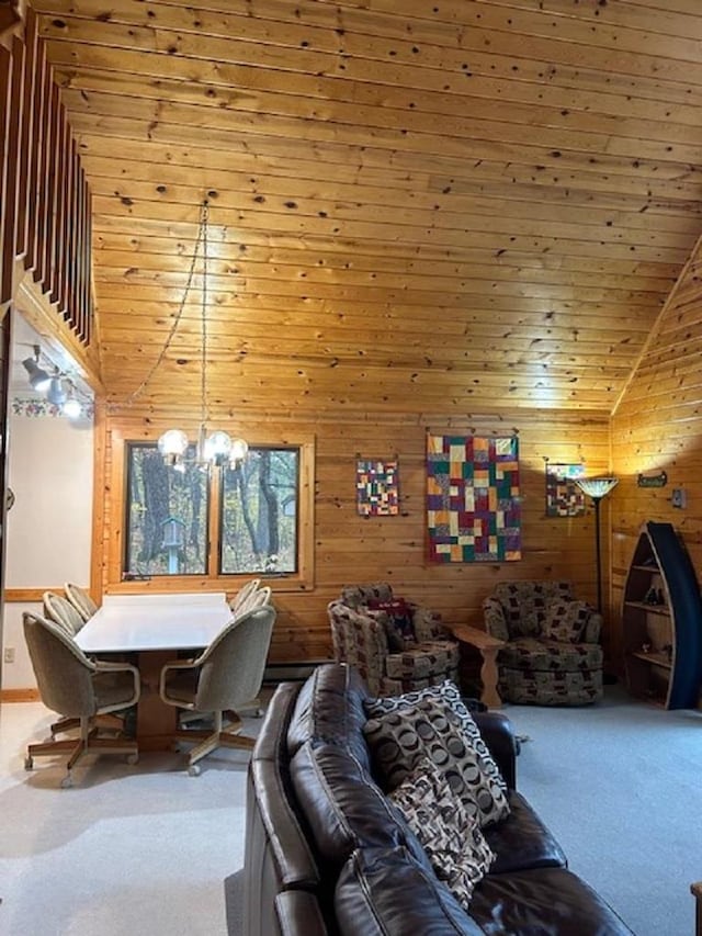 interior space featuring wooden walls, high vaulted ceiling, wooden ceiling, and a notable chandelier