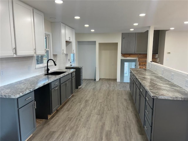 kitchen with sink, tasteful backsplash, wood-type flooring, white cabinets, and gray cabinets