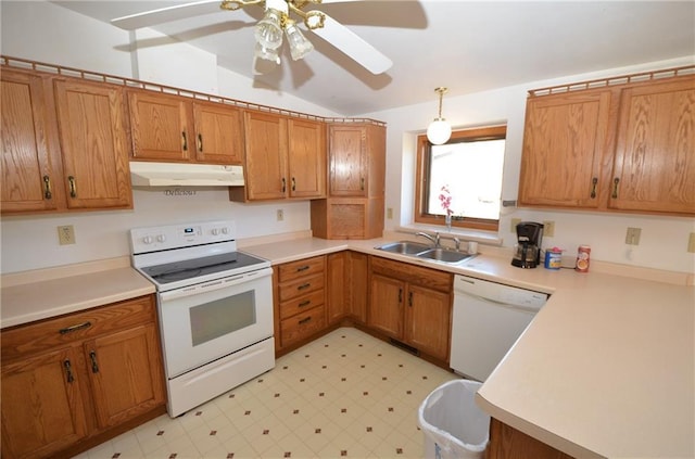 kitchen with ceiling fan, sink, hanging light fixtures, lofted ceiling, and white appliances