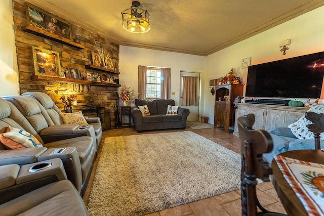 living room featuring a fireplace, a textured ceiling, and crown molding