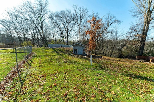 view of yard featuring a storage shed