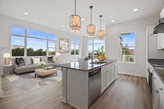 kitchen with white cabinets, light wood-type flooring, and appliances with stainless steel finishes