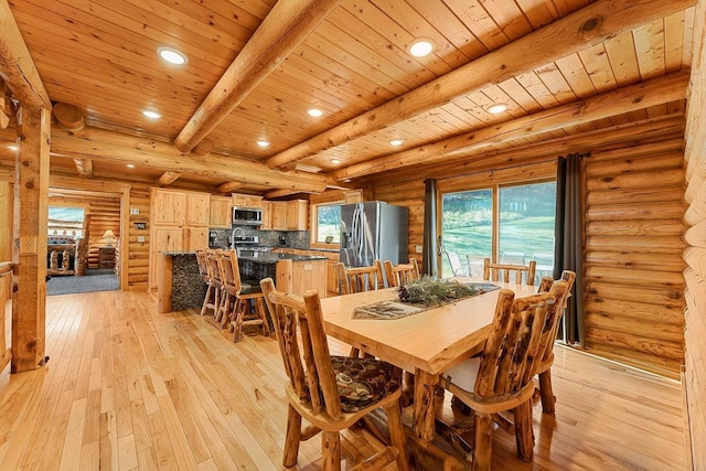 E7498 Mill Rd, Spring Green, WI 53588 - dining area featuring recessed lighting, light wood finished floors, a wooden ceiling with exposed beams, and log walls