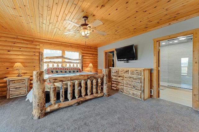 E7498 Mill Rd, Spring Green, WI 53588 - unfurnished bedroom featuring wood ceiling, carpet, rustic walls, and ceiling fan