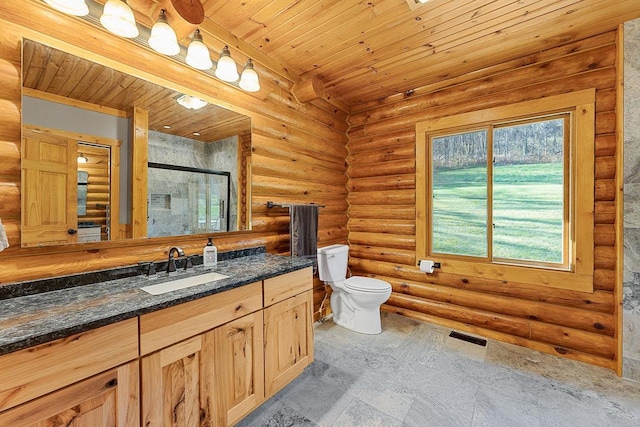 E7498 Mill Rd, Spring Green, WI 53588 - full bath featuring vanity, a shower stall, wood ceiling, and log walls
