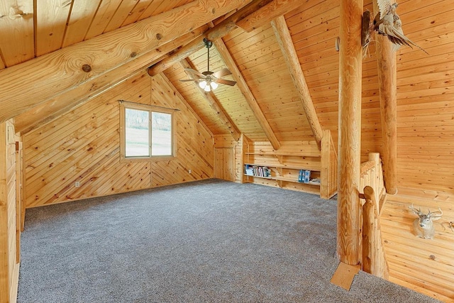 E7498 Mill Rd, Spring Green, WI 53588 - additional living space with wood walls, carpet flooring, wood ceiling, and ceiling fan