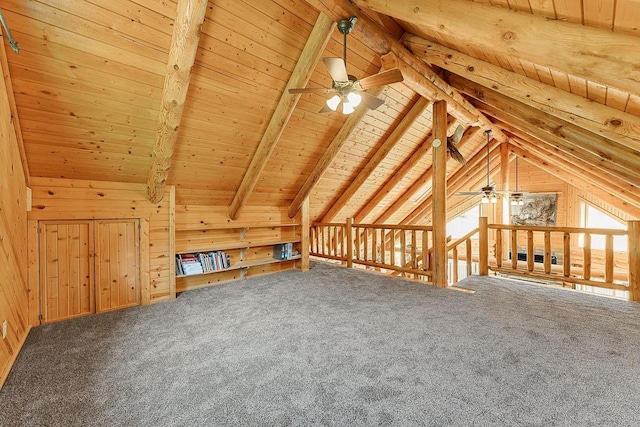E7498 Mill Rd, Spring Green, WI 53588 - bonus room with ceiling fan, wooden ceiling, wood walls, and carpet