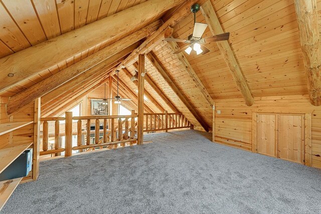 E7498 Mill Rd, Spring Green, WI 53588 - bonus room featuring ceiling fan, wooden ceiling, wooden walls, and carpet