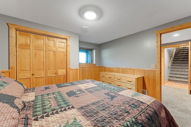 E7498 Mill Rd, Spring Green, WI 53588 - carpeted bedroom with a wainscoted wall, wood walls, and a closet