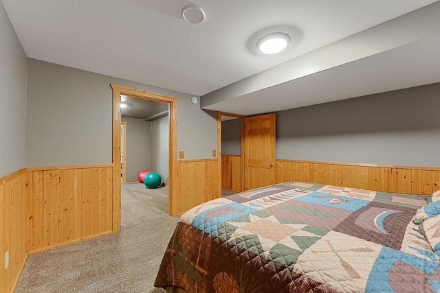 E7498 Mill Rd, Spring Green, WI 53588 - carpeted bedroom featuring a wainscoted wall and wood walls