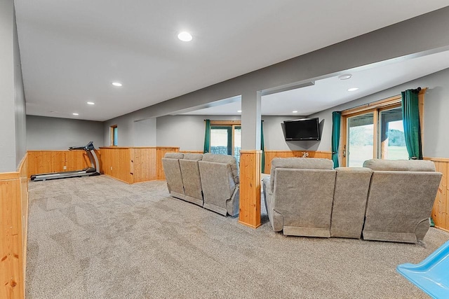 E7498 Mill Rd, Spring Green, WI 53588 - carpeted living room with a wainscoted wall, recessed lighting, and wooden walls