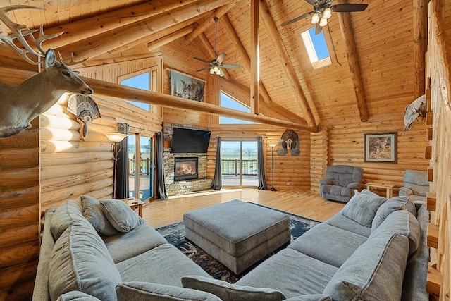 E7498 Mill Rd, Spring Green, WI 53588 - living room featuring ceiling fan, a wooden ceiling with exposed beams, high vaulted ceiling, log walls, and wood finished floors