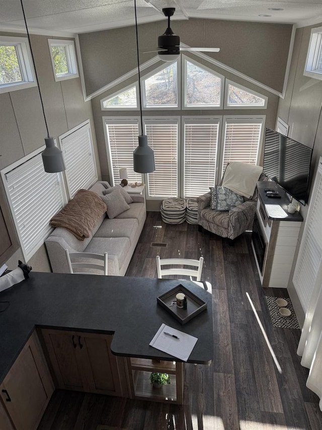 living room featuring a textured ceiling, dark wood-type flooring, ceiling fan, and lofted ceiling