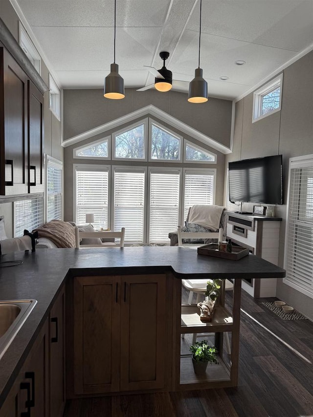 kitchen with ceiling fan, dark brown cabinets, lofted ceiling, dark wood-type flooring, and pendant lighting