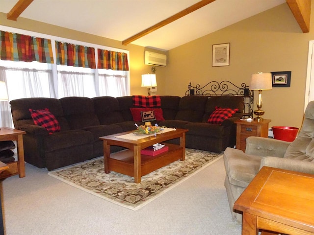 carpeted living room featuring lofted ceiling with beams, a baseboard radiator, and an AC wall unit