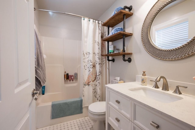 full bathroom with toilet, vanity, and shower / bath combination with curtain