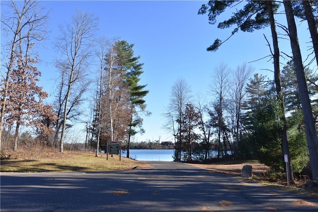 view of street with a water view