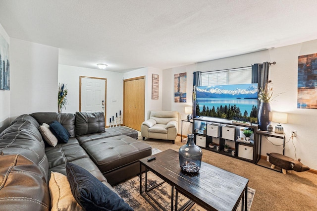 carpeted living room featuring a textured ceiling