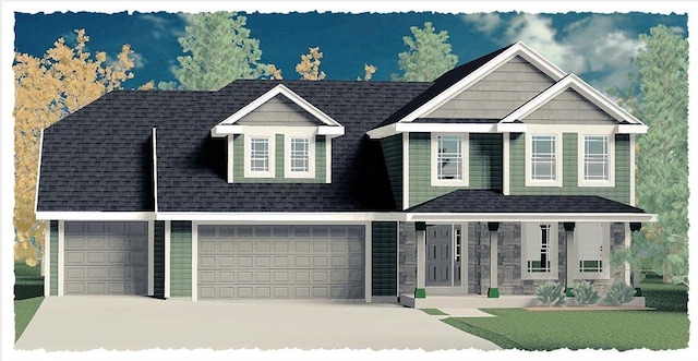 1581 Creekview Ln, Oconomowoc, WI 53066 - view of front facade with an attached garage, driveway, a porch, a shingled roof, and stone siding