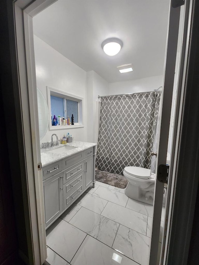 bathroom featuring toilet, vanity, and a shower with shower curtain