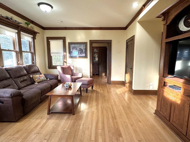 living room with light wood-type flooring and crown molding