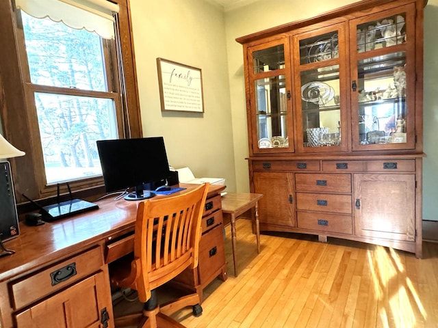 office area with light hardwood / wood-style flooring