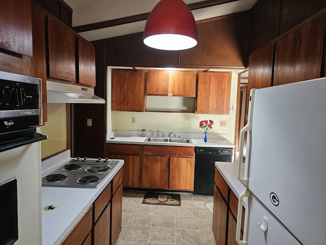 kitchen featuring vaulted ceiling with beams, sink, white appliances, and light tile patterned flooring