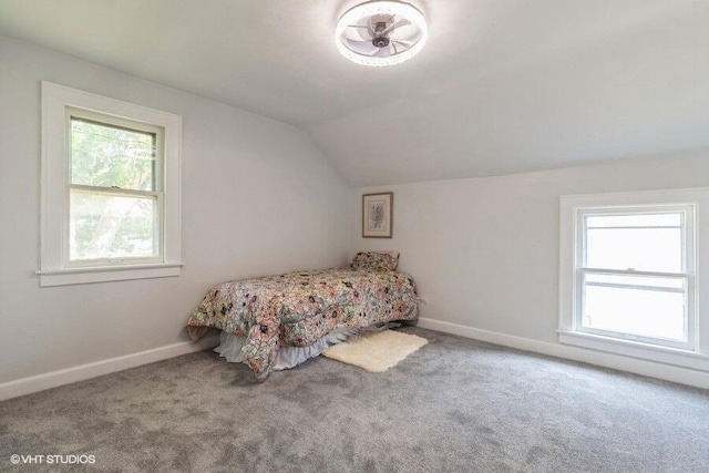 bedroom with multiple windows, carpet flooring, and vaulted ceiling